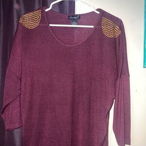 Women's Burgundy Shoulder-Stud Long Sleeve Knit Top